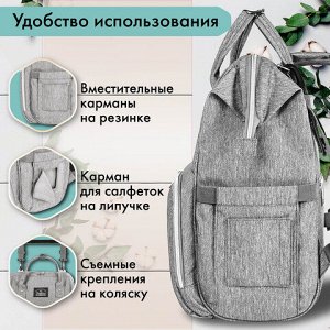 Рюкзак для мамы BRAUBERG MOMMY с ковриком, крепления на коляску, термокарманы, серый, 40x26x17 см, 270819