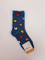 Носки женские с сердечками, СИНИЕ. Отличный подарок близким и родным. KIKYA. Ю.Корея.