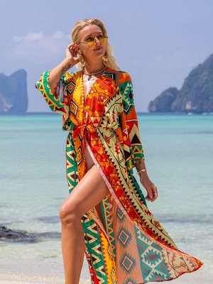 Женская накидка с разноцветным принтом и широкими рукавами, на поясе
