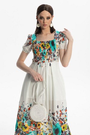 Платье Diva 1485 белый/бирюзовые цветы