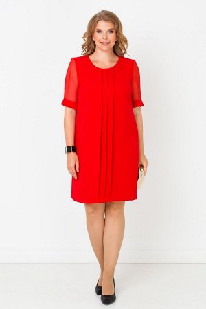 Красный Модное короткое платье с рукавами из ткани-сетка. Фасон модели достаточно свободный, прямой. Передние вертикальные фиксированные складки являются основным декоративным штрихом в дизайне модели