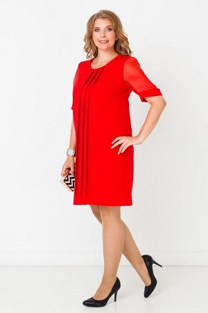 Красный Модное короткое платье с рукавами из ткани-сетка. Фасон модели достаточно свободный, прямой. Передние вертикальные фиксированные складки являются основным декоративным штрихом в дизайне модели