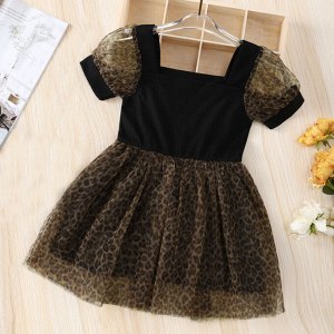 Детское платье с коротким рукавом, фатиновая юбка, принт "леопард", цвет черный