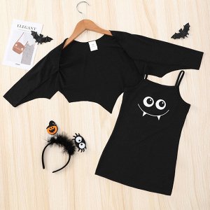 Детский комплект: платье на бретелях, принт "летучая мышка", + накидка с рукавами, цвет черный