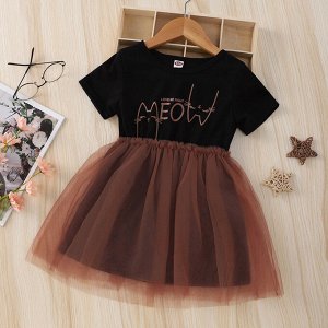 Детское платье с коротким рукавом, принт "котята", цвет черный, фатиновая коричневая юбка