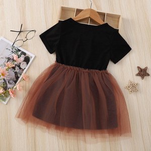 Детское платье с коротким рукавом, принт "котята", цвет черный, фатиновая коричневая юбка