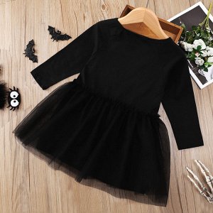 Детское платье с длинным рукавом, принт "кости", фатиновая юбка, цвет черный