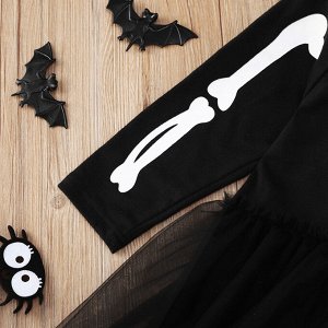 Детское платье с длинным рукавом, принт &quot;кости&quot;, фатиновая юбка, цвет черный