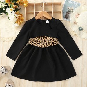 Детское платье с длинным рукавом, с леопардовым пояском, цвет черный