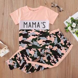 Детский костюм: футболка с надписью "Mama's" + брюки, цвет розовый/милитари