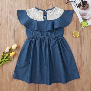 Детское платье с коротким рукавом, с кружевным воротничком, цвет синий