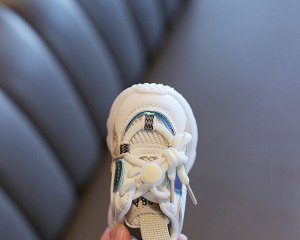 Кроссовки детские с затягивающейся шнуровкой, бело-бежевые с голубым декором