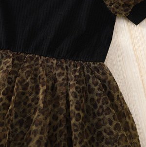 Детское платье с коротким рукавом, фатиновая юбка, принт "леопард", цвет черный