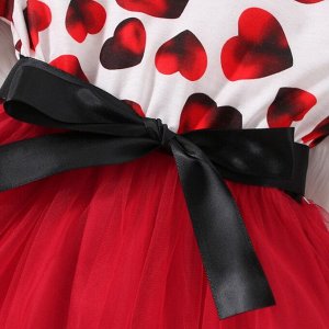 Детское платье с длинным рукавом, принт "сердечки", фатиновая юбка, цвет белый/красный