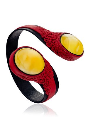 Нарядный браслет из красной и чёрной кожи и натурального янтаря «Змейка»