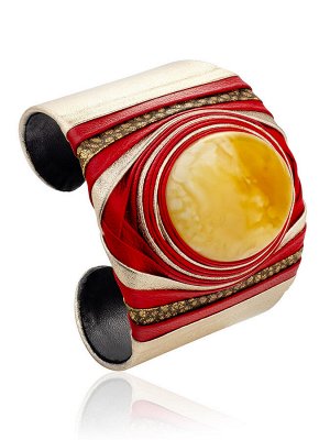 Нарядный кожаный браслет золотого цвета со вставкой из натурального янтаря «Нефертити»