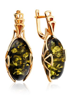 Золотые серьги, украшенные натуральным янтарём зелёного цвета «Рандеву»