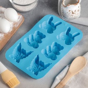 Форма для выпечки силиконовая Доляна «Заяц, мишка, бабочка», 26?17 см, 6 ячеек, цвет синий