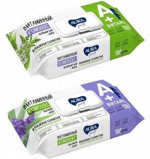 AURA FAMILY Влажные салфетки с  антибактериальным эффектом big-pack с  крышкой 180шт