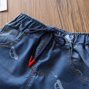 Джинсовые шорты для мальчика, цвет синий + принт машинки + темно-синий декоративный шнурок