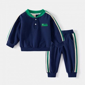 Спортивный костюм для мальчика, свитшот + штаны, цвет темно-синий + бело-зеленые лампасы и зеленый воротничок + вышивка крокодил