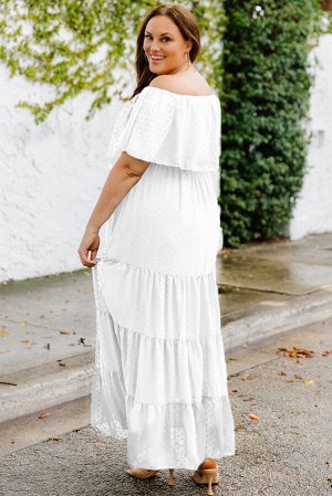 Белое многоярусное платье плюс сайз в швейцарский горошек