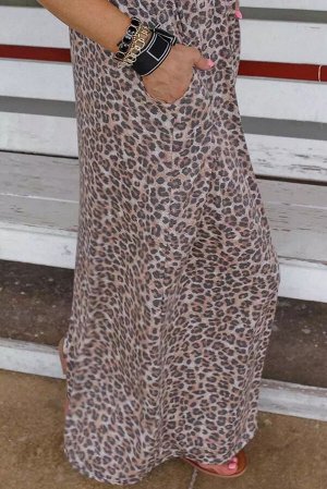 Черное леопардовое платье макси с рюшами и карманами