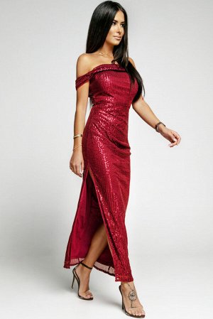 Бордовое блестящее вечернее платье бандо с открытой спиной и разрезом на юбке