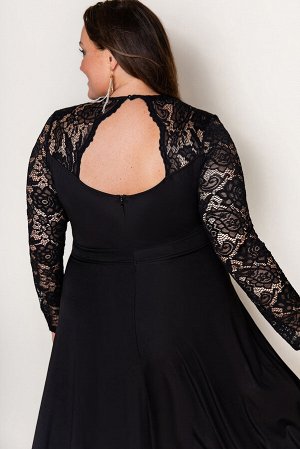 Черное атласное платье удлиненным подолом и кружевным лифом