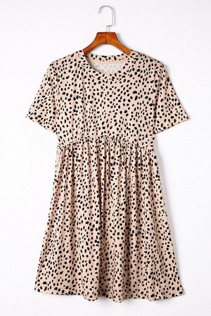 Бежевое леопардовое платье-туника с баской и коротким рукавом