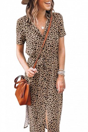 Леопардовое платье-миди с разрезом и отложным воротником
