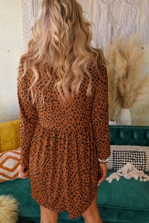 Коричневое леопардовое платье беби-долл с длинным рукавом