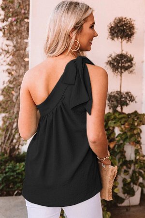 Black Asymmetric Tie On Shoulder Sleeveless Top