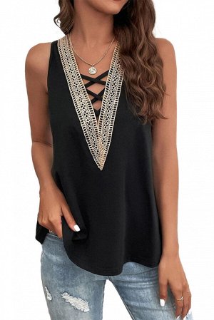 Black Crisscross Contrast Lace Hollowed V Neck Tank Top