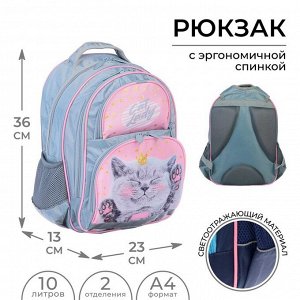 Рюкзак школьный, 36 х 23 х 13 см, эргономичная спинка, Calligrata П "Кот", серый/розовый