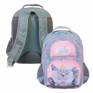Рюкзак школьный, 36 х 23 х 13 см, эргономичная спинка, Calligrata П "Кот", серый/розовый