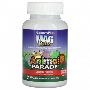 NaturesPlus, MagKidz, Animal Parade, жевательные таблетки с магнием для детей, вишня, 90 таблеток в форме животных (50 мг на таблетку)