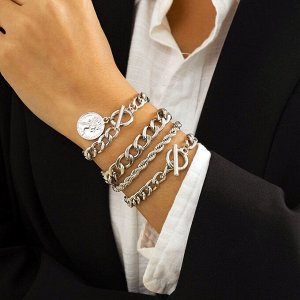 Украшение женское, браслет на руку, серебрянного цвета, набор из 4 штук (бижутерия)