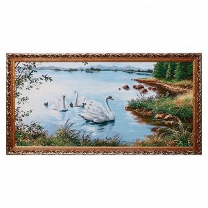 M056-60х120 Картина из гобелена "Лебединое семейство в пруду"  (66х126)
