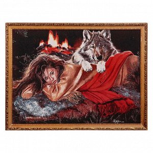 R082-60х80 Картина из гобелена "Девушка и волк у костра"  (64х84)