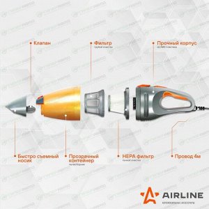 Пылесос автомобильный Airline CYCLONE TURBO, 12В, 150Вт, 6000Па, пылесборник 500мл, шнур 4м, 4 насадки, гибкий шланг, сумка, арт. VCA-03