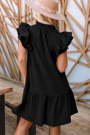Черное свободное платье со сборкой  и пышными рукавами
