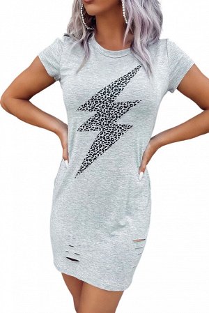 Серое трикотажное платье-футболка с леопардовым принтом и разрезами