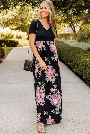 Черное платье-макси с розовым цветочным принтом