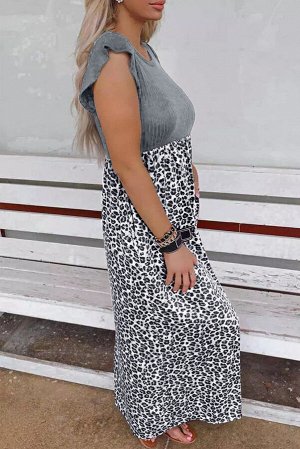Серое леопардовое платье макси с рюшами и карманами