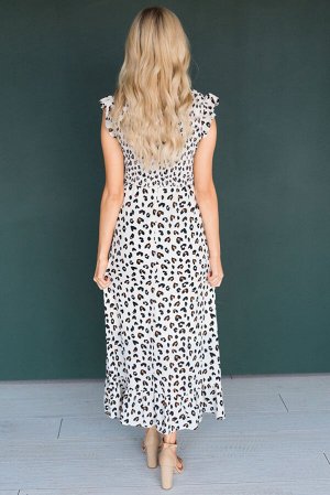 Белое летящее платье-макси с леопардовым принтом