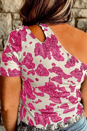 Pink One Shoulder Cow Print Cut out Short Sleeve Top