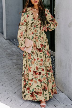 Бежевое платье-макси с цветочным принтом