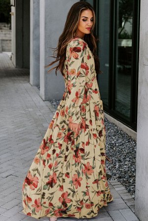 Бежевое платье-макси с цветочным принтом