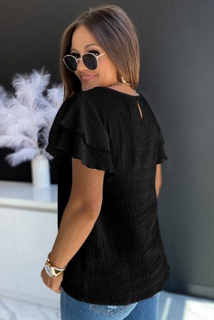 Black Textured Tiered Ruffled Short Sleeve Blouse